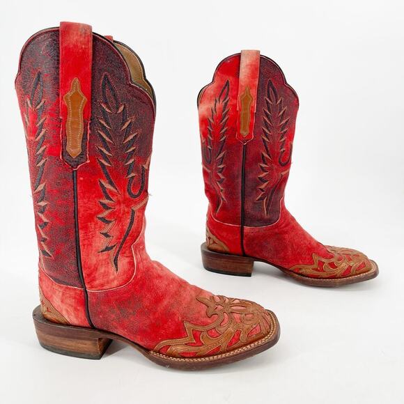 Lucchese Red Suede Hand Tooled Filigree Wingtip Square Toe Western Boot size 7.5 - Picture 1 of 12